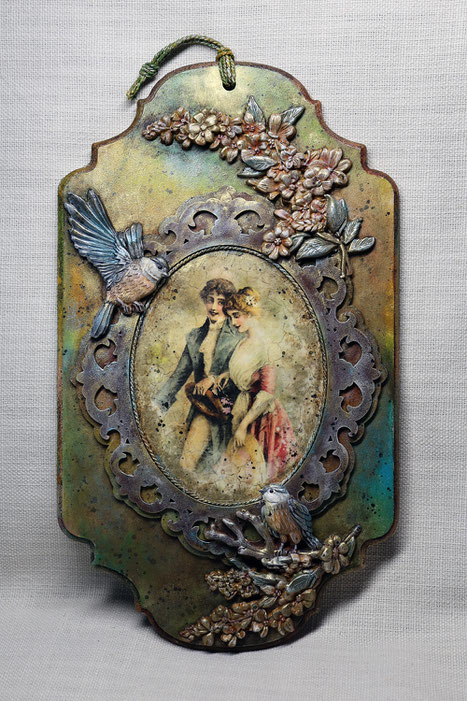 Wunderschöne Holzschild-Karte "Verliebt" Dècoupage modellierte Vögel mit Acryllacke bemalt Vintage Originelle Message Board