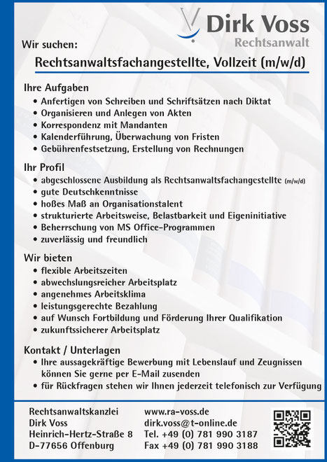Wir suchen eine Rechtsanwaltsfachangestellte (m/w/d) in Vollzeit