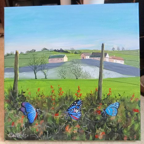 Les papillons bleus. Acrylique. 30 X 30 cm. Disponible 140€.