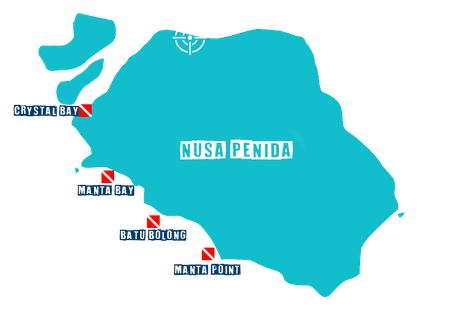 Carte des sites de plongée de Nusa Penida Ouest, crystal bay, manta point.