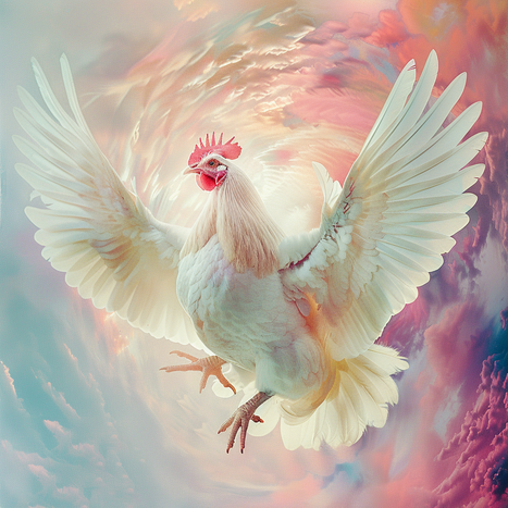 Ein weisses Huhn mit ausgespreizten Flügeln in der Luft, im Hintergrund ist ein Wirbel aus wolken und dem Himmel, in den pastel farben, hellblau, rosa, violett, dunkel blau und orange