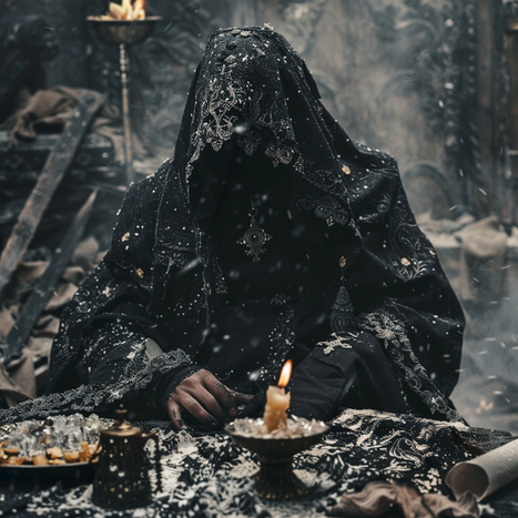 Ein Mann mit schwarzer Kapuze und Maske sitzt vor einer brennenden Kerze und anderen magischen Dingen, umgeben von Staubpartikeln, im Stil mystischer Mechanismen, exquisiter Details, komplizierter Verzierungen, Farbfotografie,Weathercore