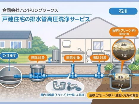 津幡町の住宅で多い溜桝構造による詰まりトラブルを分かりやすく図解。