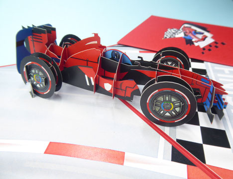Carte Pop-Up Formule 1 voiture de course en carte d'anniversaire, carte de voeux, carte de fête des pères
