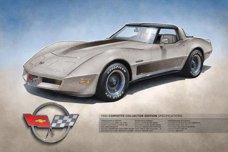 The printed drawing of the 1982 Corvette Collector Edition in the 12x18-inch format