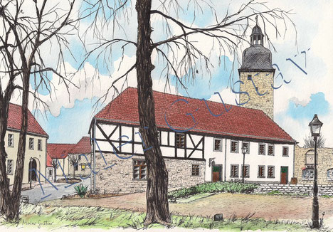 Das Museum von Trappenland mit dem Eulenturm im Hintergrund.