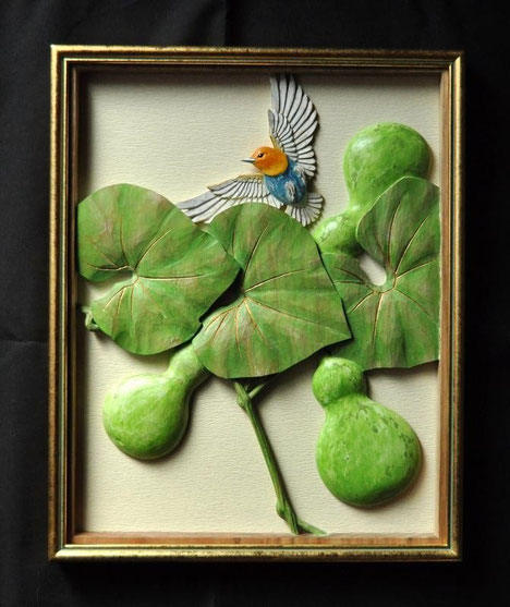 木彫　壁掛け　瓢箪 こまどり　