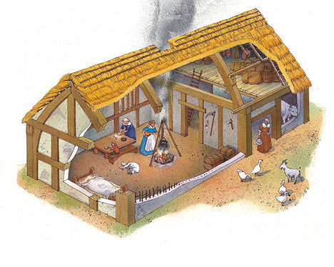 There was one main room in the house for cooking, eating and sleeping; the animals were kept in another room. There was a loft upstairs to keep the straw, hay and seeds for next year.