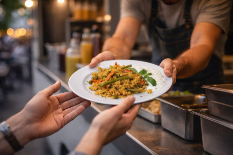 Food Truck Ausgabe eines vegetarischen Couscous-Gerichts an einen Gast – schnelle und effiziente Catering-Situation