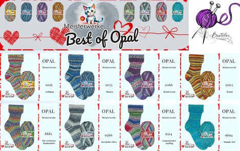 Das Foto zeigt die Farbkarte der Sockenwolle Opal Meisterwerke Best of Opal 4fach. Abgebildet sind die Wollknäuel und Socken in den einzelnen Färbungen.