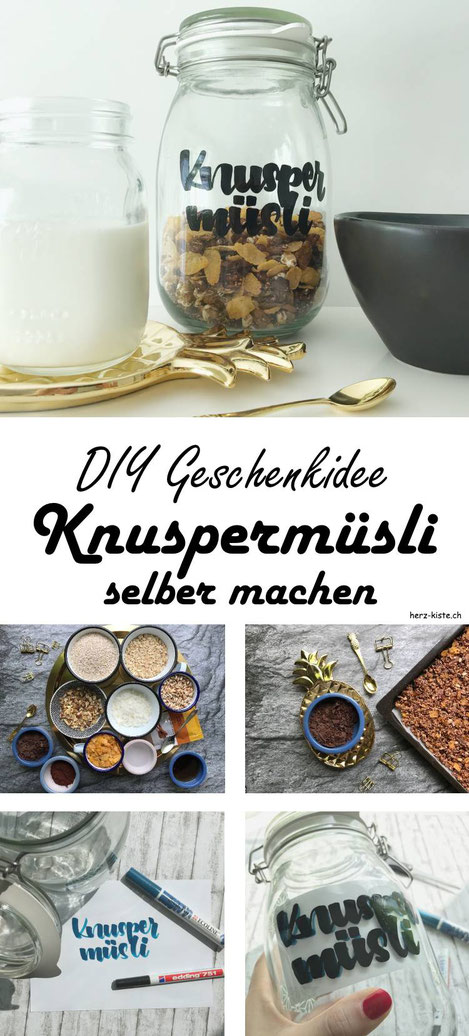 DIY Geschenkidee: Ein Knuspermüsli selber machen und in einem beletterten Glas verschenken! Tipps zum lettern und das Rezept fürs Müesli findest du im Beitrag - eine tolle Idee um etwas einzigartiges zu verschenken!