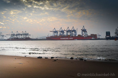 Strand Elbe Elbstrand Hafen Hafenkräne Cotainerschiff