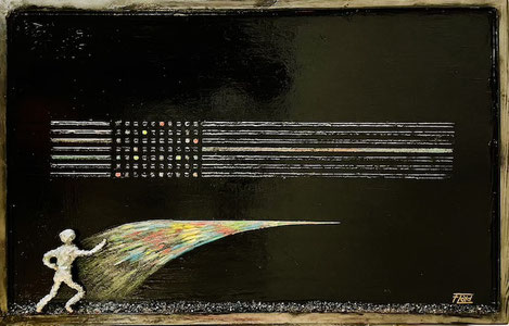 Schwere Kunstinstallation auf Holz mit schwarzem Lack, Drahtunterbau und Gipsstruktur. Eine Figur reflektiert ihre Gedanken in Lichtform. Titel: „REFLEXION“, Andreas Alka alias „FLoYd“, Unikat von 10/2019, 100 × 60 cm, Gewicht: 6.000 g.