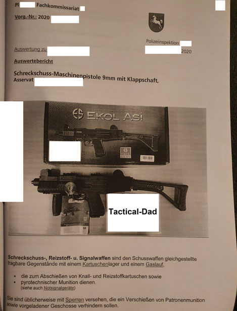 Gutachten der Polizei Niedersachsen, über die rechtliche Einstufung einer vollautomatischen Ekol Asi Schreckschusspistole.  