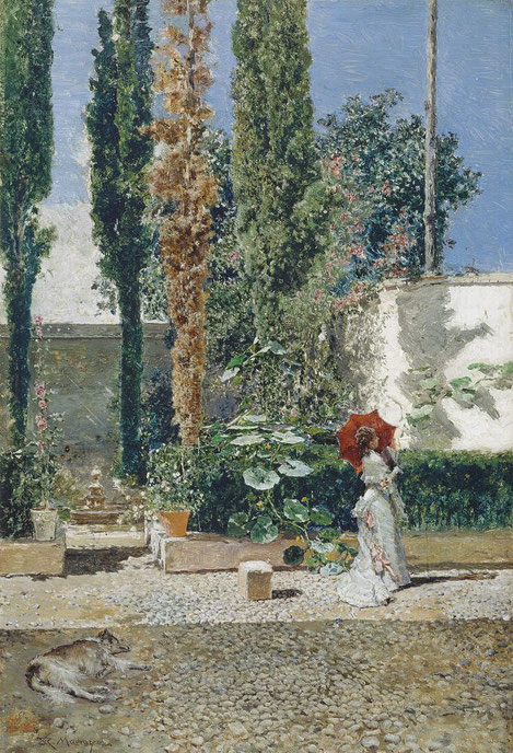 Jardín de la casa de Fortuny.Óleo sobre tabla 40x28cm.Museo Nacional del Prado. Instalado al pie de la Alhambra trabajaba en su jardín rodeado de columnas al aire libre,con mucha luz, plantas y flores..