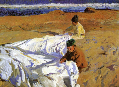 Joaquin Sorolla.Cosiendo la vela 1904. En la playa de MALVARROSA, se interesó por los trabajos relacionados con el mar.Punto de vista alto que integra las figuras y la vela, reduce la visión del mar y elimina la línea del horizonte.