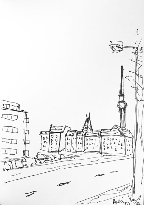 handskizze berlin alexanderplatz fernsehturm pen inc schwarz weiß
