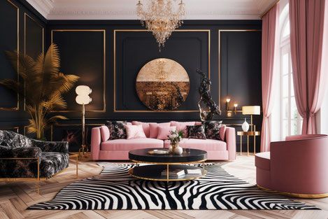 interior home design pink zebra luxe