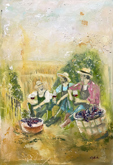 "Rast im Rebenmeer", Acryl - Mischtechnik auf Leinwand, 12 x 80 cm, 2024