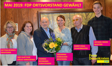 Ortsvorstand FDP Quickborn: von li. Beisitzerin Bettina Bennies, Stellv. Vorsitzende Ines Glatthor, Vorsitzender Thomas Beckmann, Beisitzerin Friederike Rübhausen, Schatzmeister Horst Stahl, Beisitzer Michael Maier