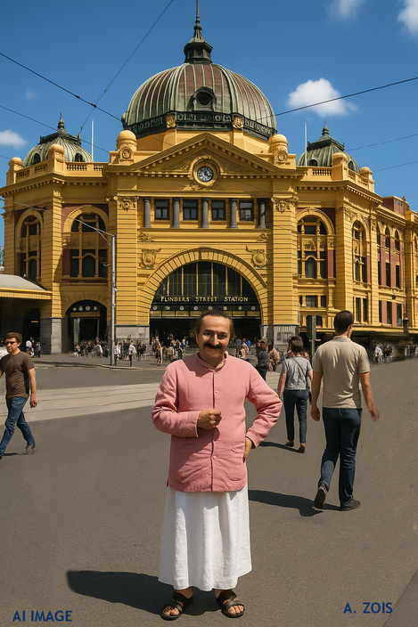 This is a AI produced image depicting Meher Baba in Melbourne, based on Baba's photo taken Sydney in 1956. Image produced by Anthony Zois.
