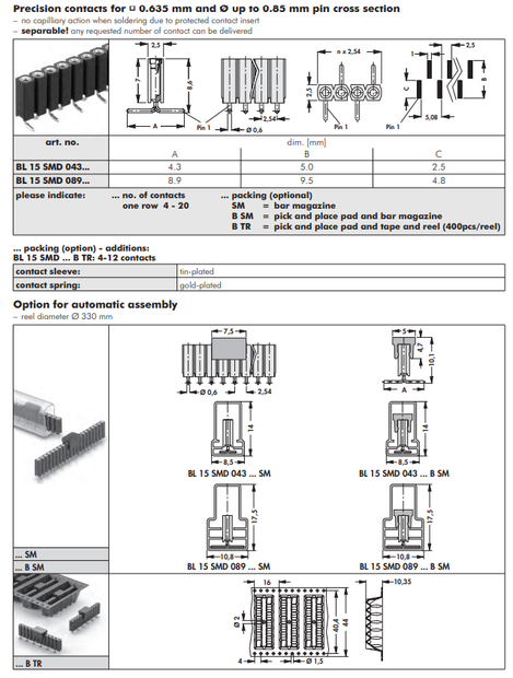 BL 15 SMD 043  BL 15 SMD 089  表面実装用連結ソケット2.54mmピッチ