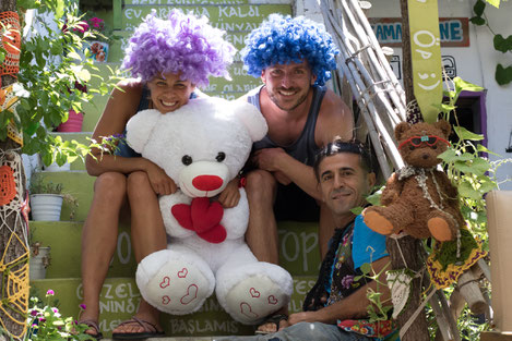Viviane, Bastian and Murat with donations for kids in Barbaros