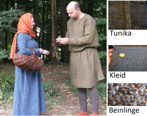 1250, ein Paar unterwegs zum Markt, sie trägt ein überlanges Kleid aus blauem Wollstoff, einen rotbraunen Schleier aus warmer Wolle, er eine knielange schlichte Tunica in olivgrün und braune Beinlinge