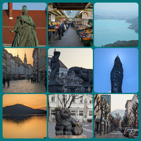 Collage mit Sehenswürdigkeiten von Klagenfurt: Lindwurm, Wörthersee, Altstadt und Pyramidenkogel. Klagenfurt – Ihr attraktiver Studienort für Sprachkurse.