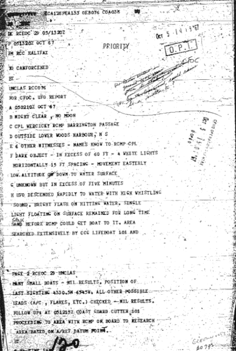 Priority Teletype from RCC in Halifax to the Canadian Forces Headquarters (10/5/67)