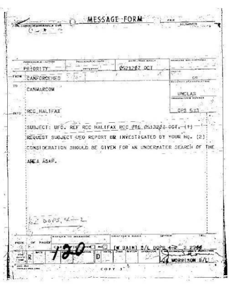 Priority message from CFC (Canadian Forces Command) to CMC (Canadian Maritime Command) on 10/5/67