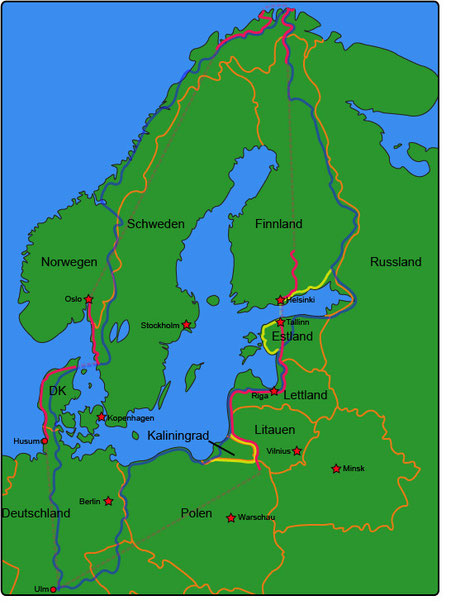 Die Route: Geplante- + Alternativ-Plan- (blau/gelb), geschummelte- (gestrichelt) und geradelte- (rot) Strecke...