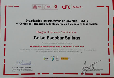 Constancia de participación de Celso Escobar Salinas en el III Seminario Iberoamericano sobre Juventud y Estrategias de Social Media (Uruguay)