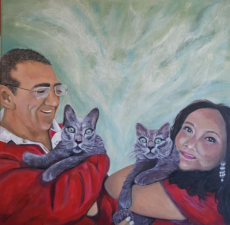 Familieportret 60x60 cm olieverf op louvredoek  Martin&Marilyn en hun twee katten Skye&Blue Bell