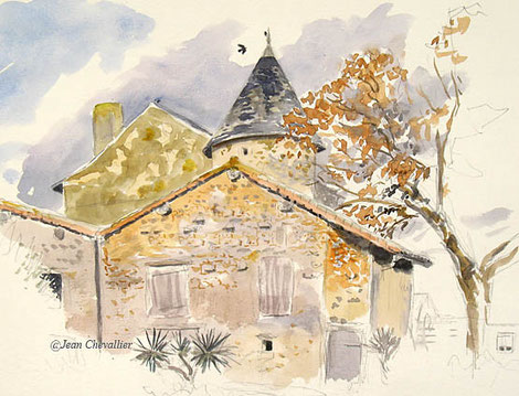 Ménigoute: Derrière le musée, aquarelle Jean Chevallier