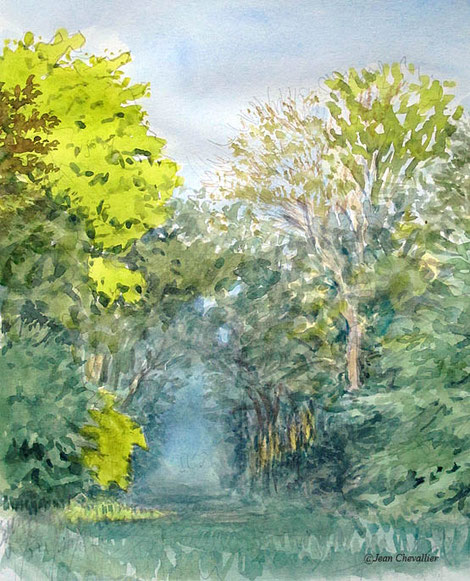 Allée embrumée , aquarelle Jean Chevallier