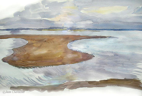 L'îlot devant Chantecocq, aquarelle Jean Chevallier. A comparer avec la photo du post "septembre"
