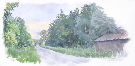 Allée forestière et cabane de chasse au soir. Aquarelle. mai 2018