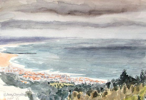 Vue sur Figueira da Foz, depuis l'hotel Casa Pinha, par temps gris. Aquarelle Jean Chevallier