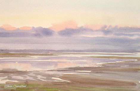 Lac du Der, route sur digue. Aquarelle Jean Chevallier