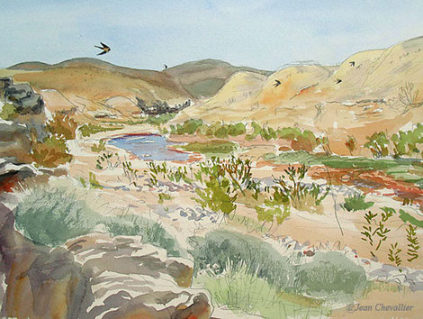 Oued Assaka, Fort Bou Jerif aquarelle Jean Chevallier