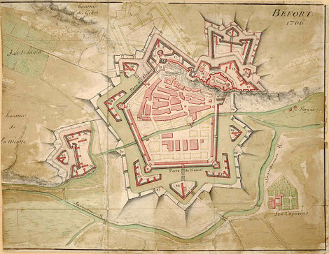 Belfort 1706 - Plan aquarellé des fortifications de Belfort en 1706 (Archives municipales de Belfort)