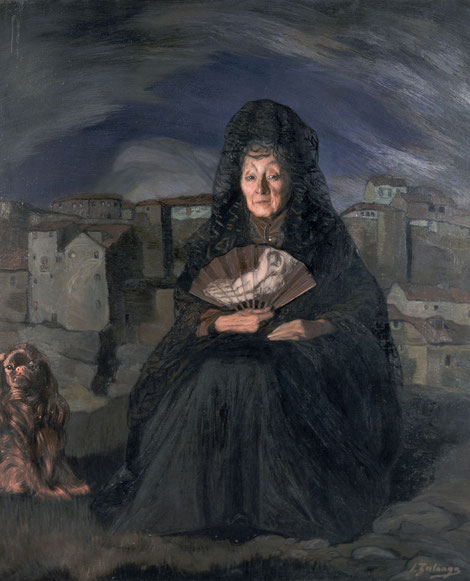 Ignacio Zuloaga.Dña Rosita Gutiérrez.1914-15.Óleo sobre lienzo,166x140cm.M. Bellas Artes Bilbao.Vieja celestina vivía cerca de la Galette de Paris,casada con un diplomático mejicano y reconocida entre la alta sociedad parisina.Paisaje castellano del Greco