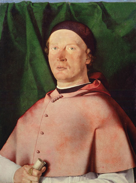 El obispo Berrdo de Rossi,1505.Óleo sobre tabla 54x43cm.Nápoles.Museo di Capodimonnte. Retrato corpulento de busto completo con su atuendo episcopal y cortina verde al fondo.Mirada orgullosa.del birrte oscuro salen rizos rojos con muceta pulcra y anillo.