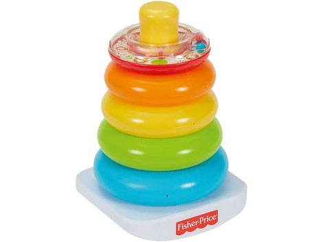 Im Paket Fisher-Price ist eine Farbring Pyramide mit 5 farbige Ringe und einer Schaukelbasis enthalten.