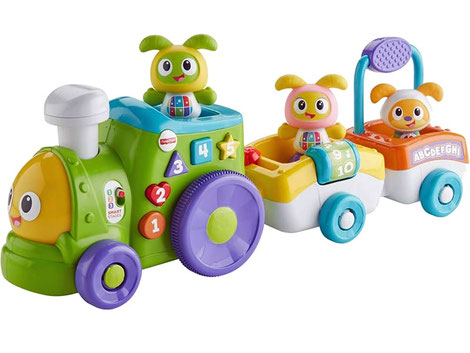 Im Paket Fisher-Price ist eine Lok mit zwei Wagen, mit den Figuren BeatBo, BeatBelle und Beatbello enthalten. 