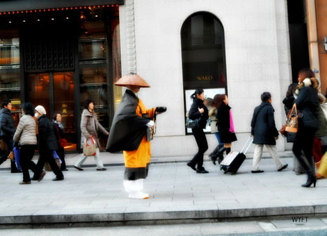 © Winifred  The stark contrast between the praying monk and the busy pedestrians at the upmarket Ginza.