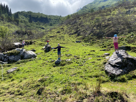 Die Felsen auf der Wiese sind wie kleine Aussichtspunkte auf dem jeder sein Platz findet.