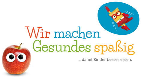Freche Freunde Logo mit einem Apfel mit Augen und einem Superhelden-Snack – Spielerische Förderung gesunder Ernährung für Kinder