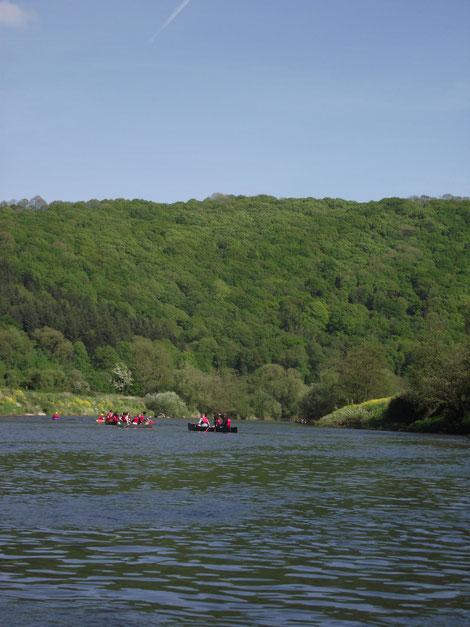 Monmouth canoes, River Wye, Forest of Dean, England, Wales border.